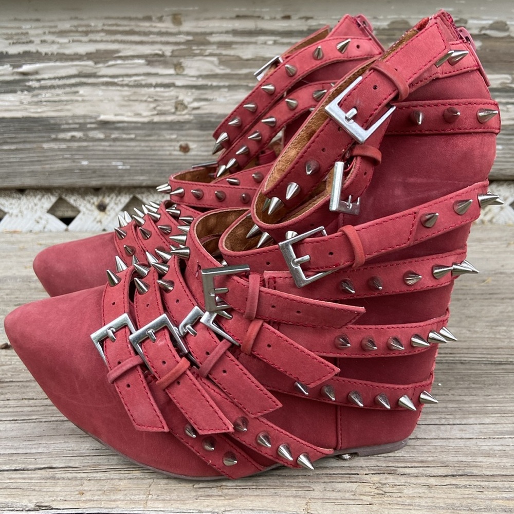 Jeffrey Campbell Zip-2 Stud Brick Red Nubuck Leather Wedge Shoes Women's Size 6 - Picture 4 of 14